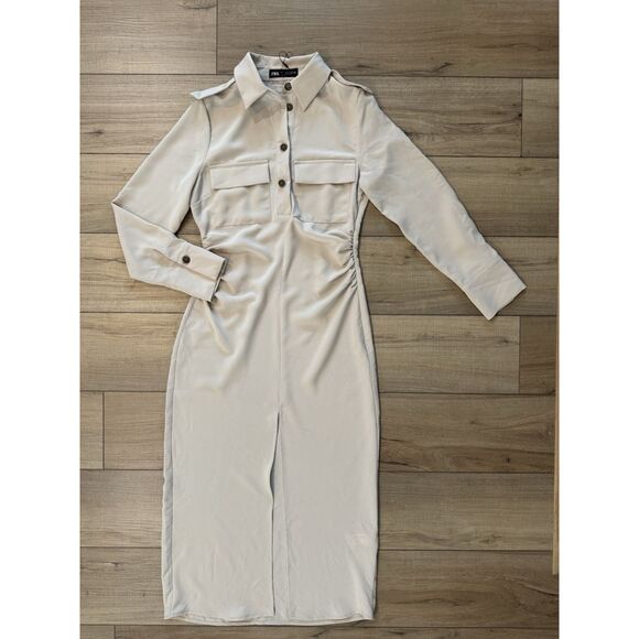 Zara New Women’s Taupe Long Sleeve Top Button Midi Dress M Medium - Picture 3 of 4